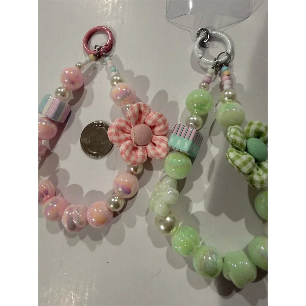 Set of 2 Beaded Phone Charms cute key purse charms  Pink Green Gingham Flower